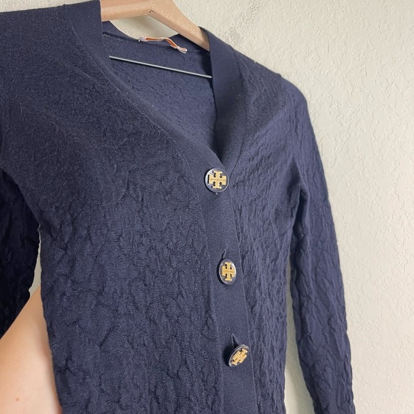 Tory Burch Wool Crinkle Simone Cardigan Navy Blue Size Small - Picture 5 of 9